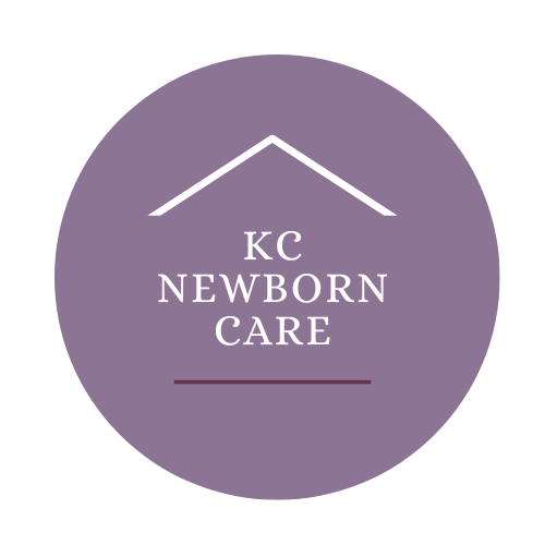 simple circular logo with a roof-like line above text reading kc newborn care on a muted purple background