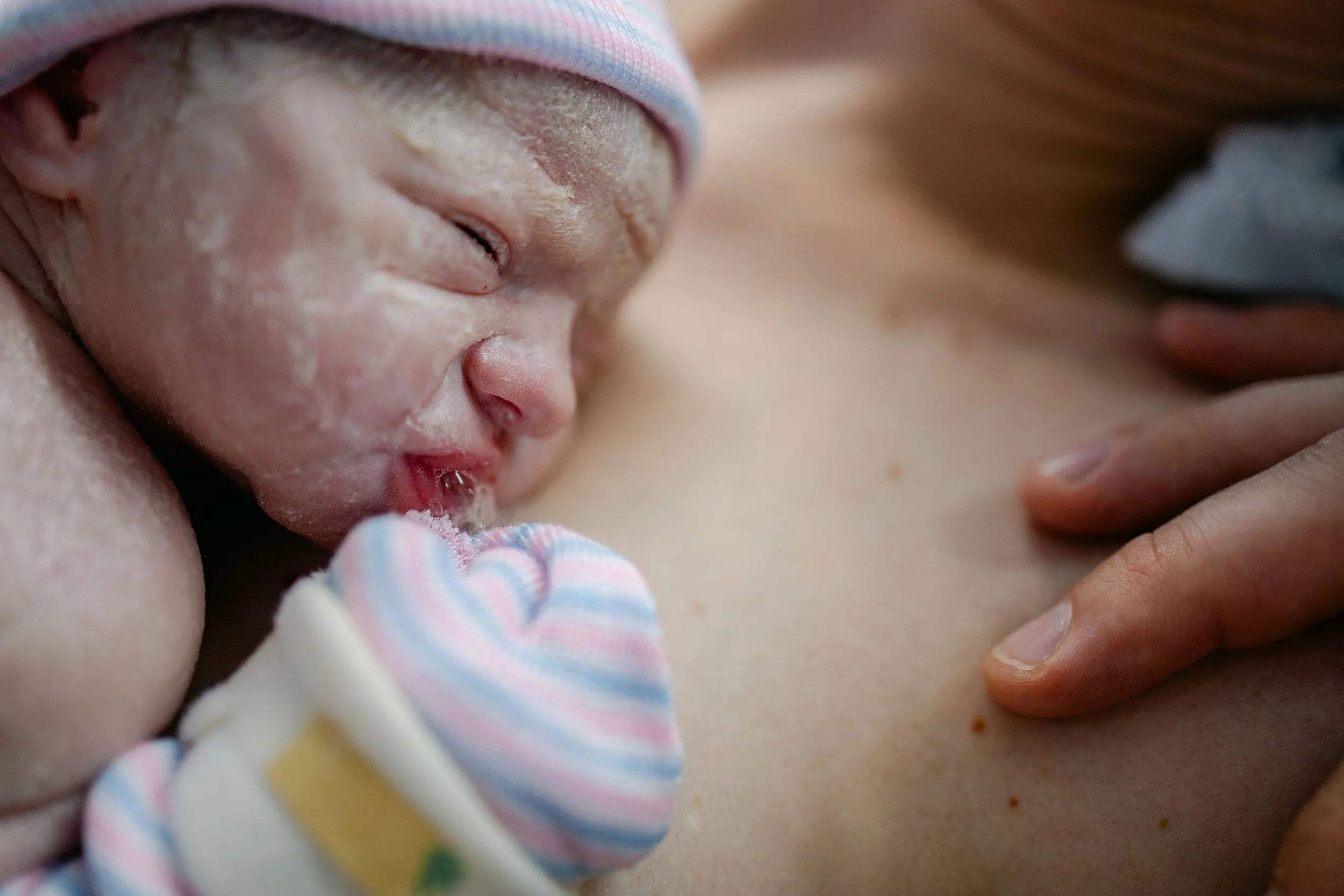 newborn resting skin to skin on parent's chest during early bonding