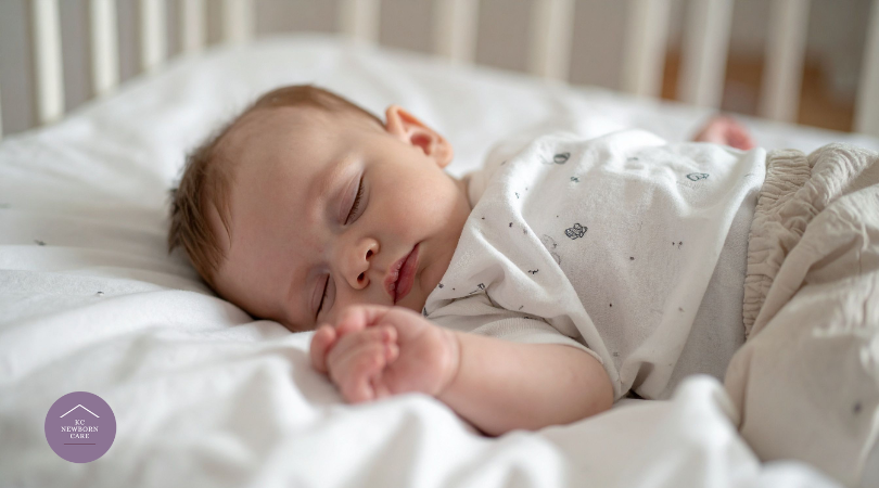 infant resting on a white sheet inside a crib with one arm gently extended
